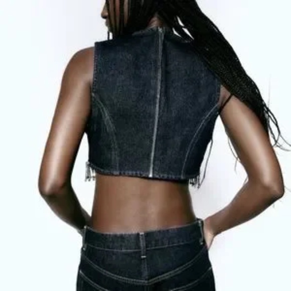 NWT ZARA DENIM INDIGO FRINGE JEWELED CROP TOP - size M - Picture 2 of 7